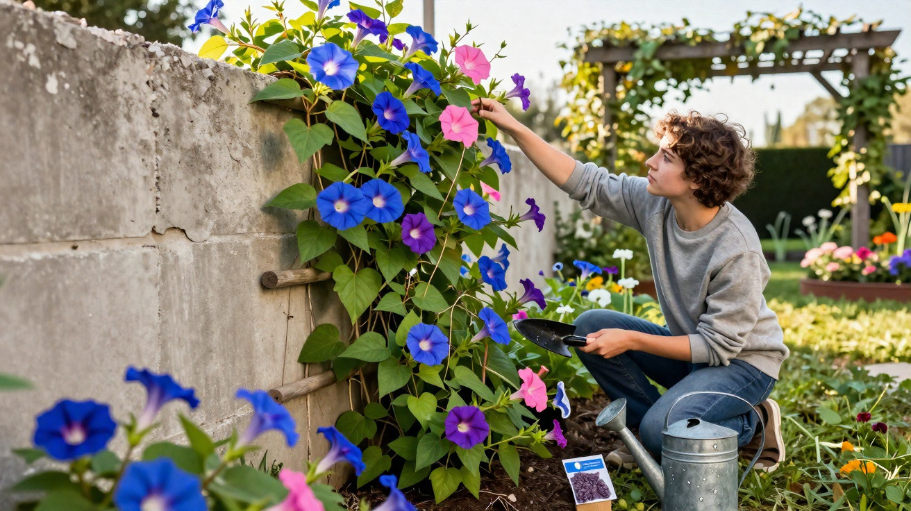 Jovem cuidando de flores coloridas em jardim ao ar livre com regador e pá.