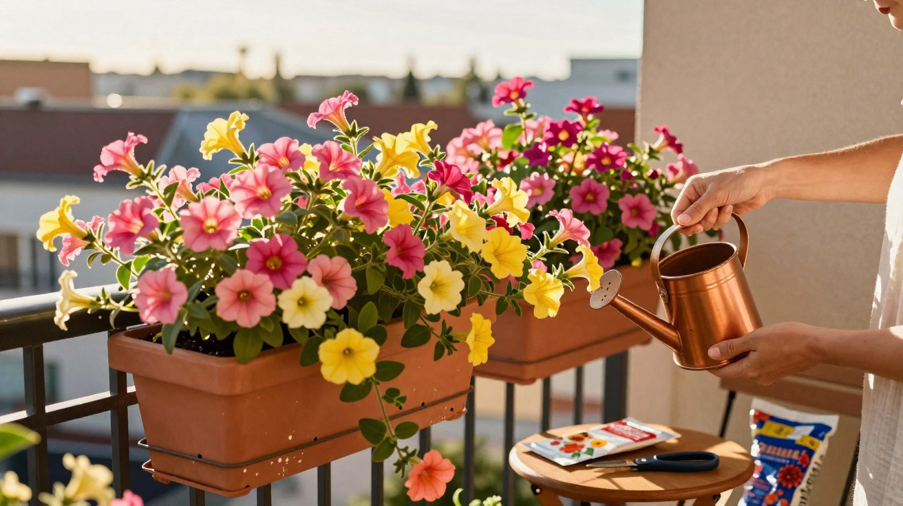 Mãos regando flores coloridas em vasos de terra no parapeito de uma varanda ensolarada.