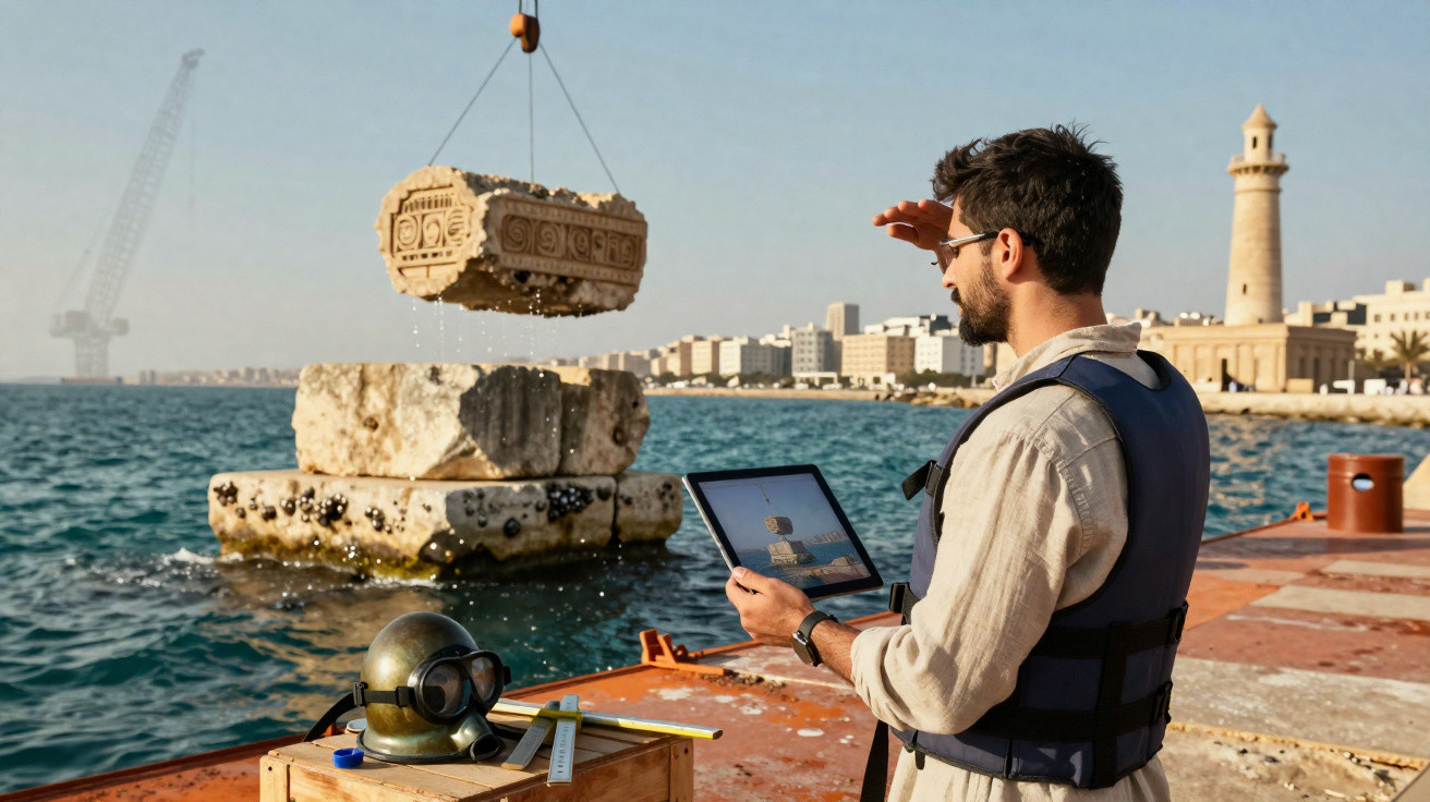 Homem com colete salva-vidas usa tablet para fotografar ruínas submersas sendo içadas do mar em porto urbano.