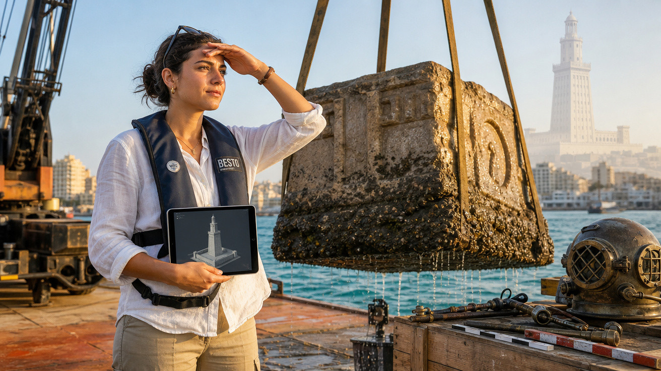 Mulher com colete salva-vidas segura tablet e observa bloco submerso sendo içado próximo ao mar.