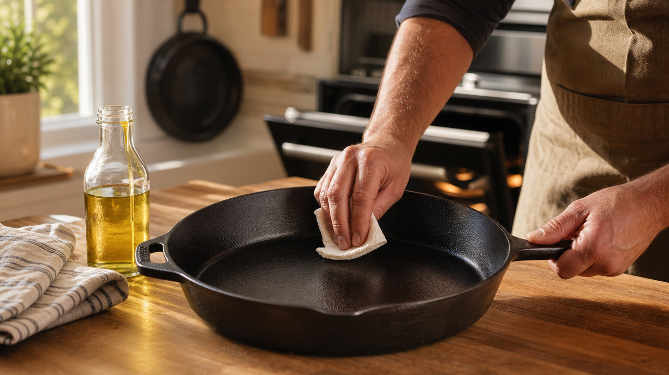 Pessoa untando frigideira de ferro fundido com pano e óleo em cozinha ensolarada.
