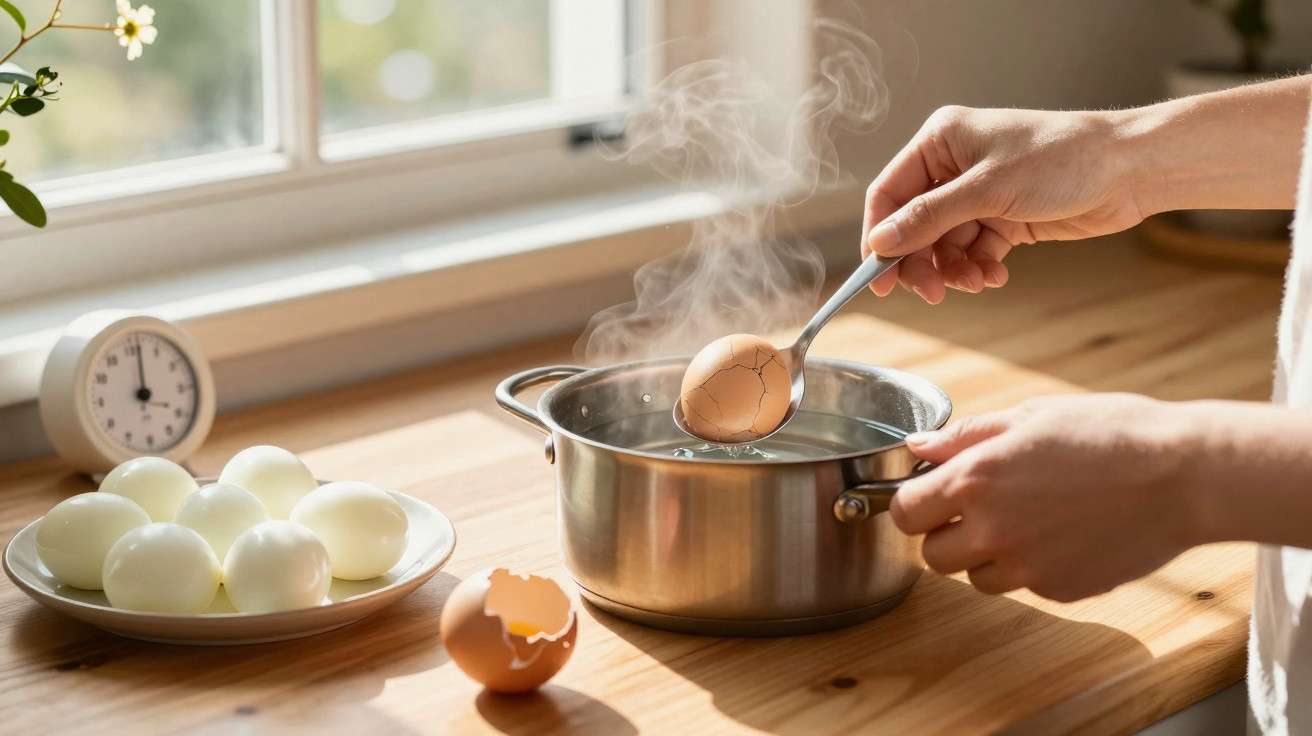 Mãos retirando ovo cozido com colher de panela de água fervente em cozinha iluminada.