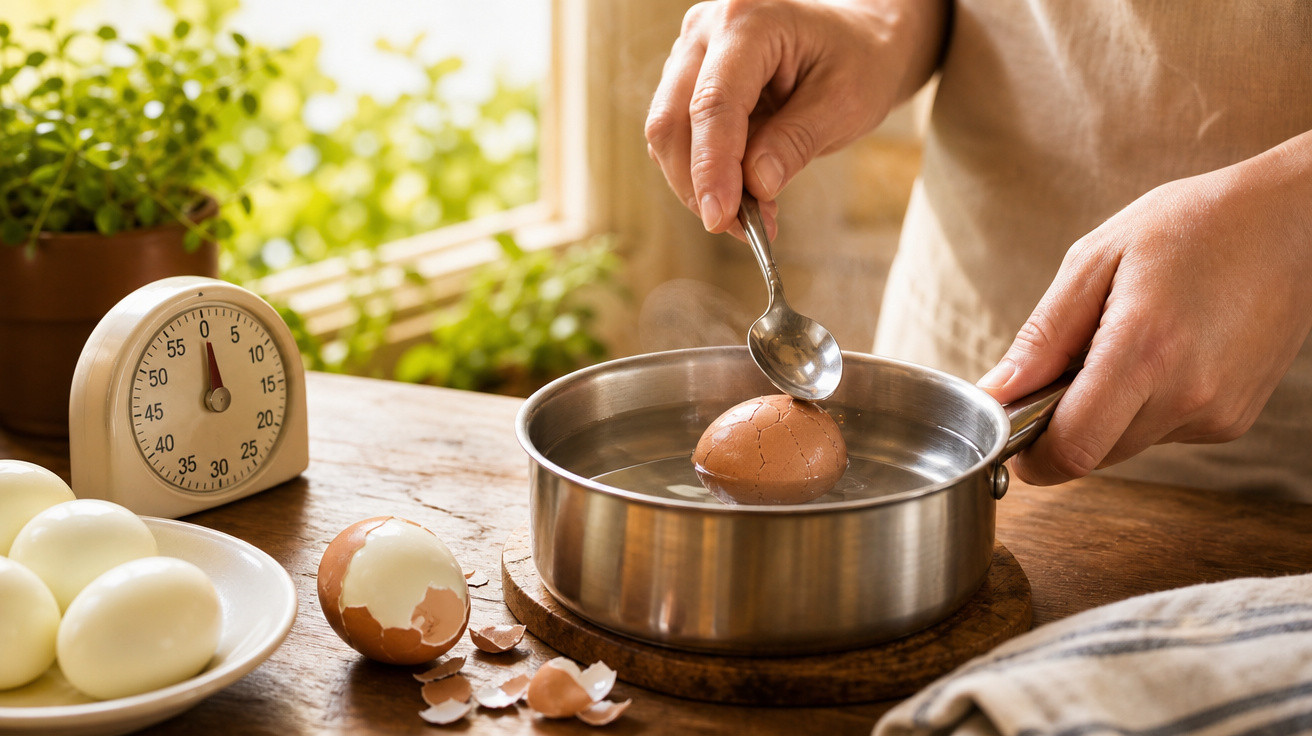 Pessoa cozinhando ovo na panela, com descascados e timer ao lado sobre a mesa de madeira.