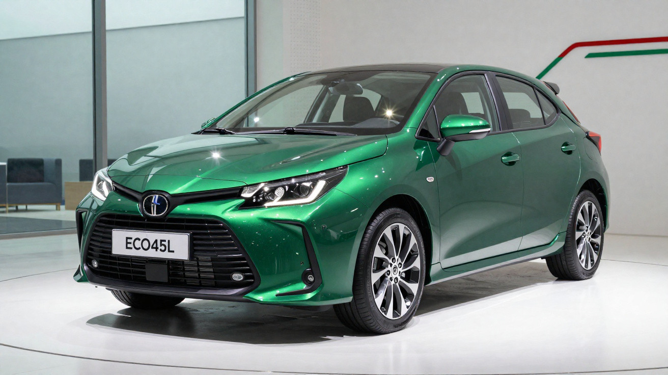 Carro hatch verde metálico Eco45L exibido em showroom moderno com iluminação branca.