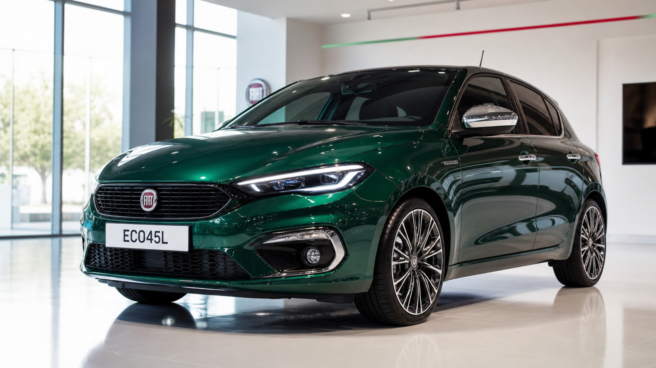 Carro Fiat verde escuro hatch estacionado em showroom moderno com piso branco e paredes claras.