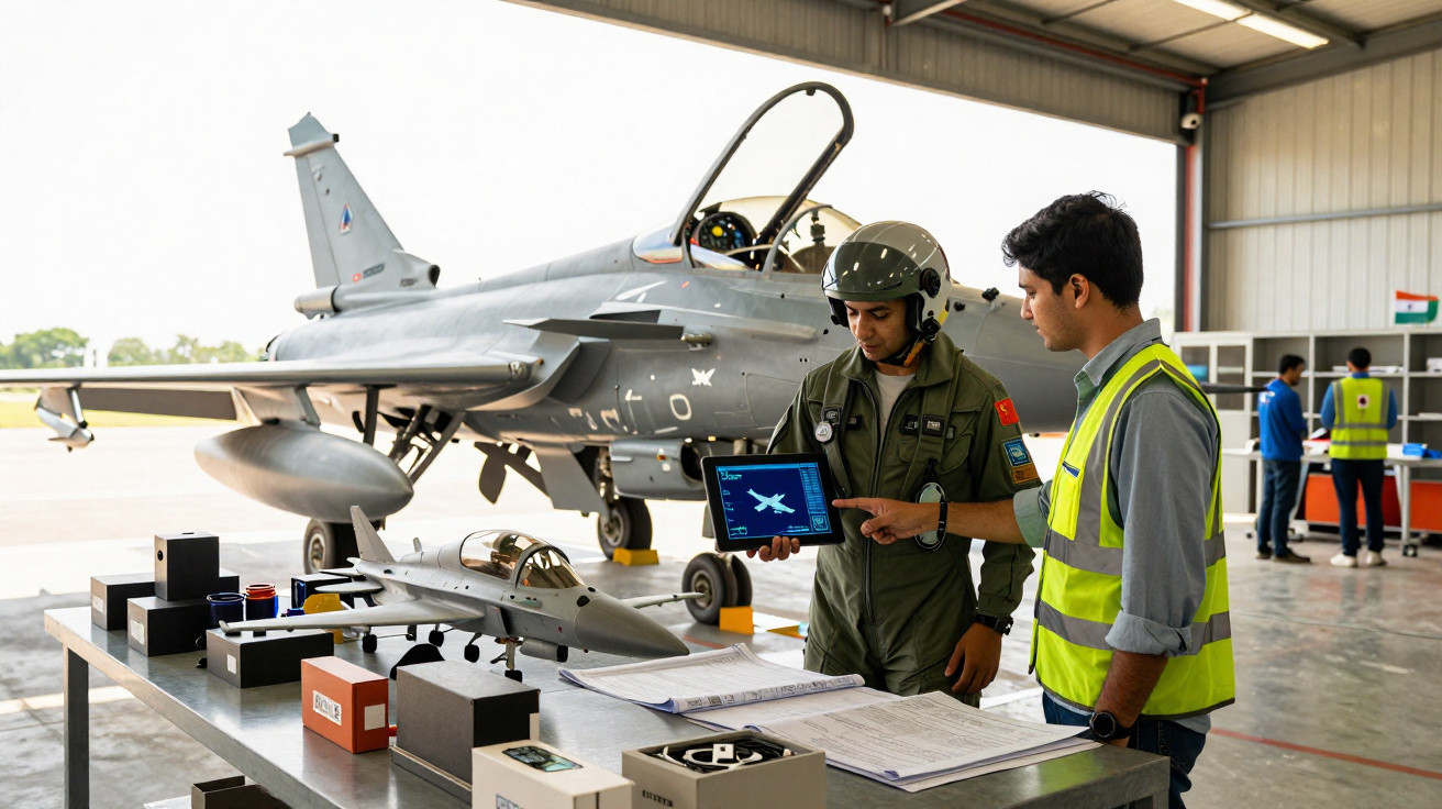 Dois homens em hangar com modelo e avião de caça, um com tablet mostrando desenho de aeronave.