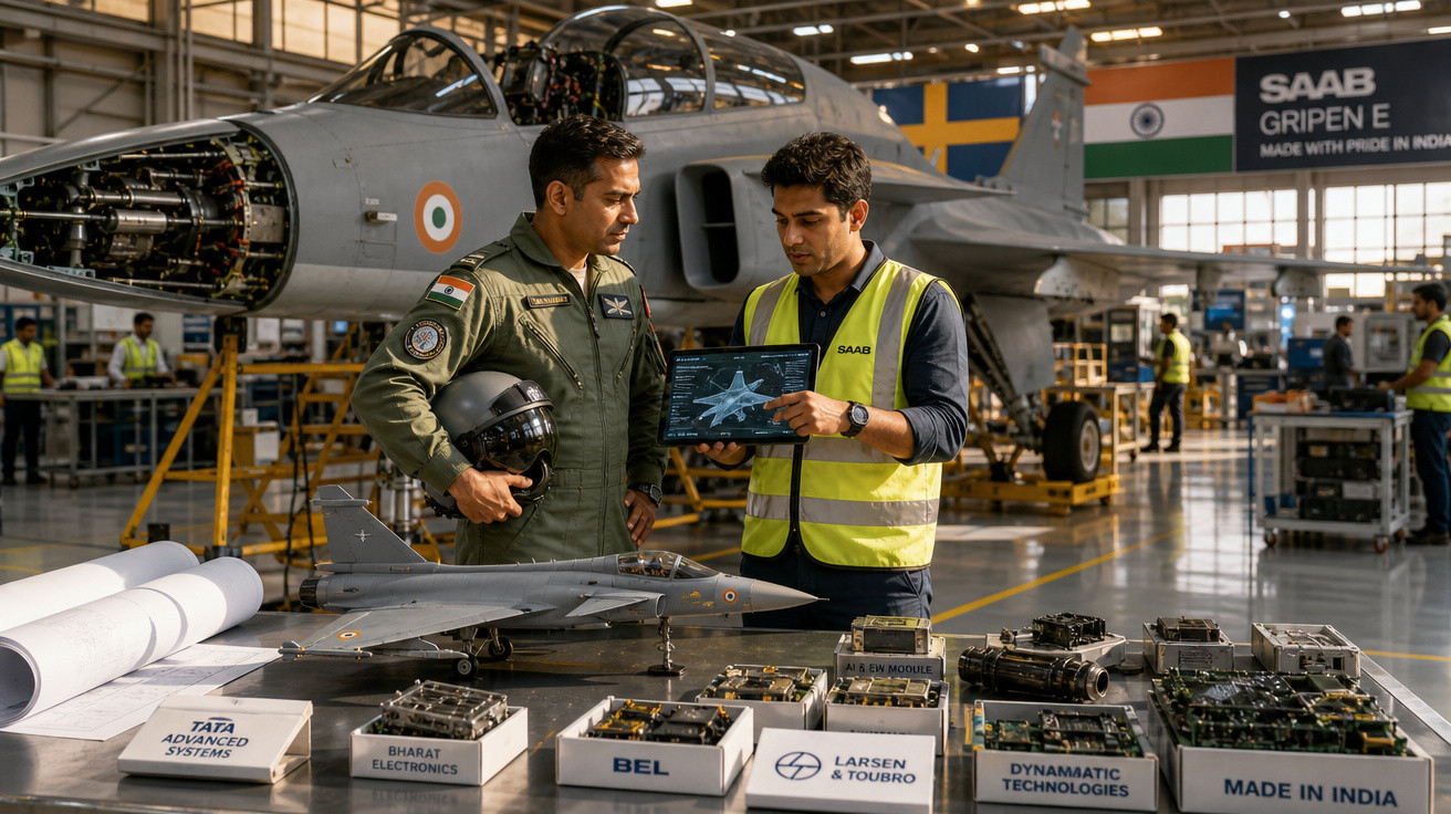 Dois homens em hangar com uniforme e colete analisam projeto de caça perto de peças e modelo de avião militar.