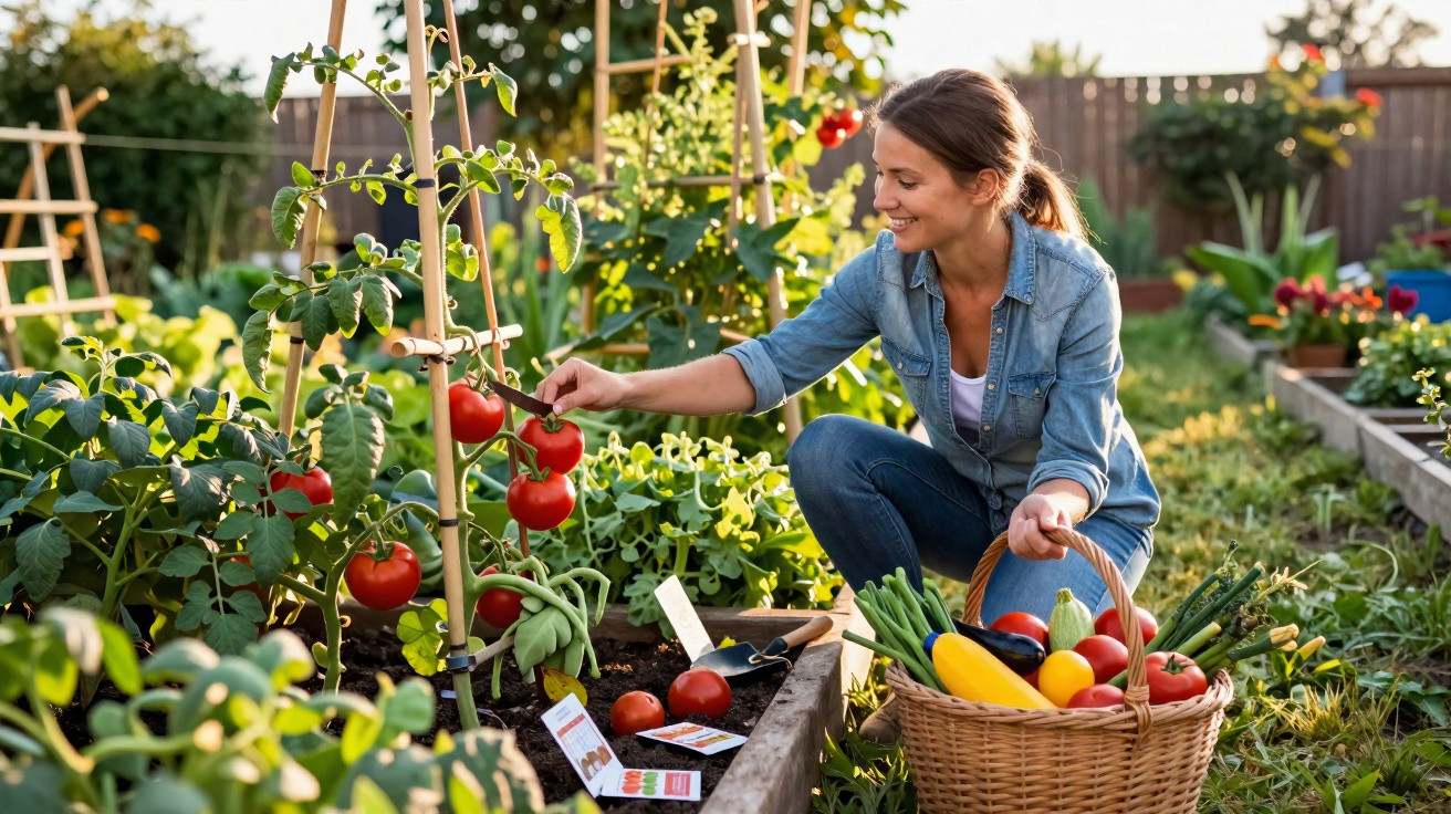 Mulher colhendo tomates em horta orgânica com cesta cheia de legumes e verduras frescas ao lado.