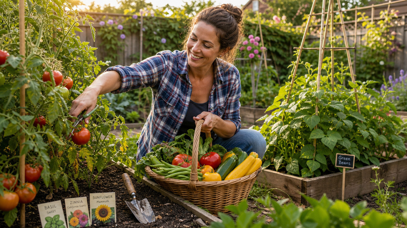 Mulher sorrindo colhendo tomates em horta com cesta cheia de vegetais frescos ao lado.
