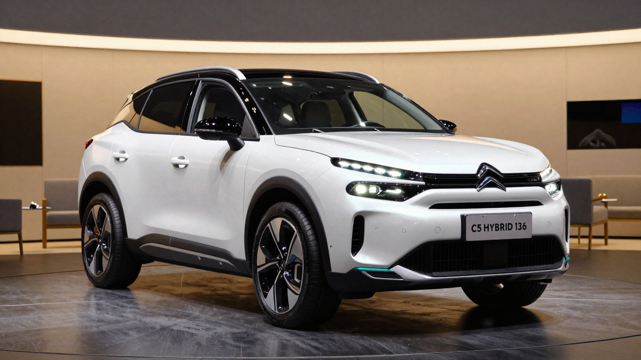 SUV Citroën C5 Hybrid branco em exibição em ambiente interno moderno.