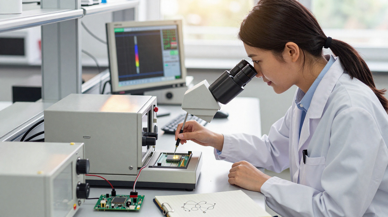 Mulher cientista em jaleco usando microscópio para examinar circuito eletrônico em laboratório tecnológico.
