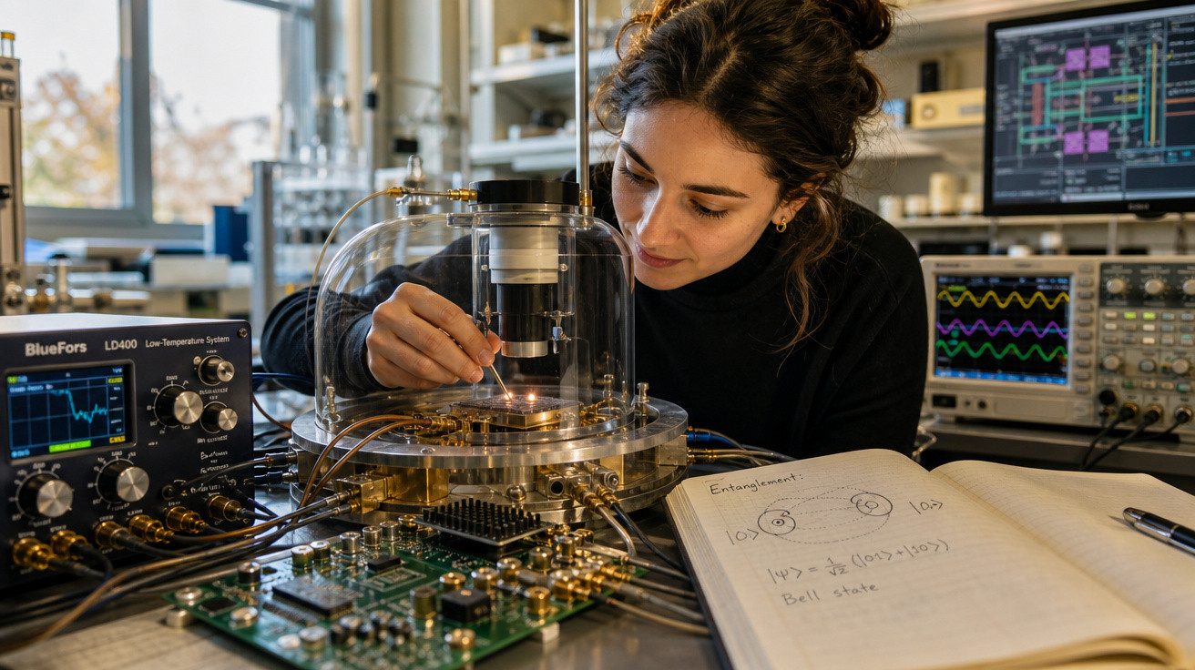 Mulher cientista ajusta equipamento de laboratório com circuitos e anotações técnicas em caderno aberto.