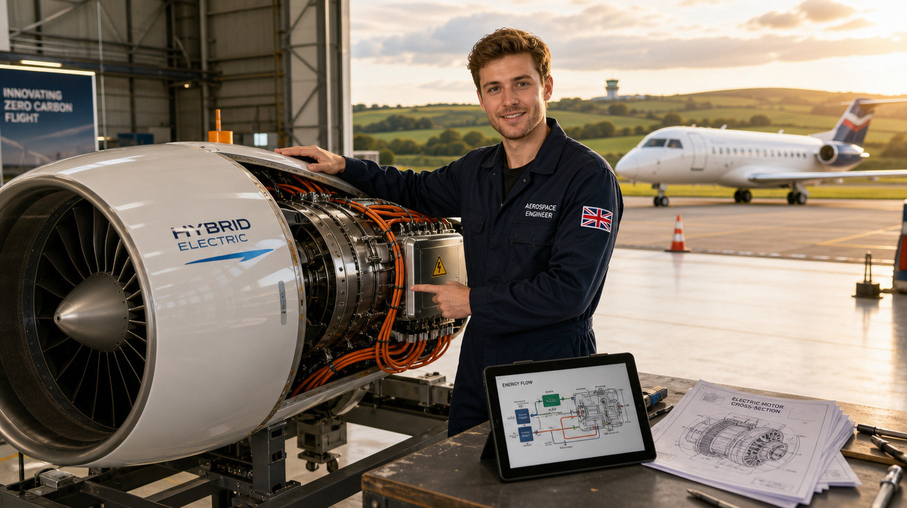 Engenheiro aeroespacial britânico inspecionando motor híbrido elétrico de avião em hangar ao pôr do sol.