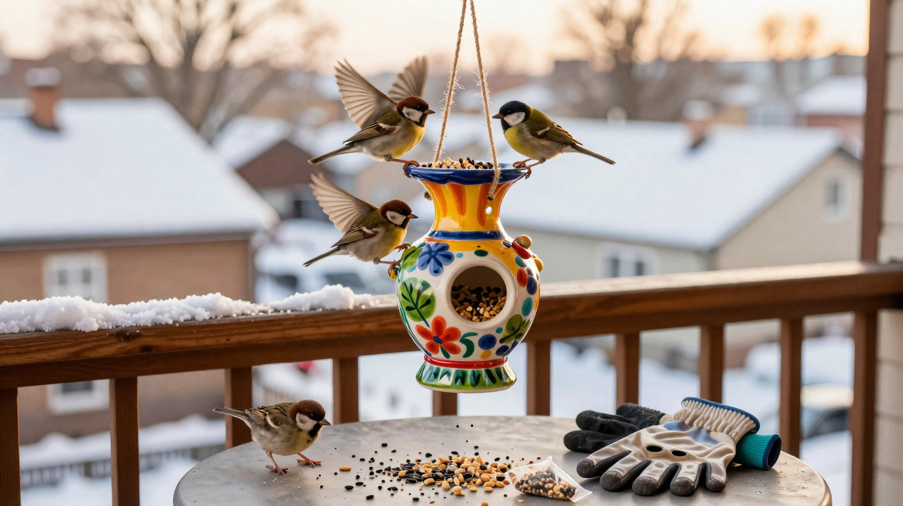 Pássaros pequenos voando e pousados em comedouro colorido pendurado na varanda com mesa, luvas e neve ao fundo.