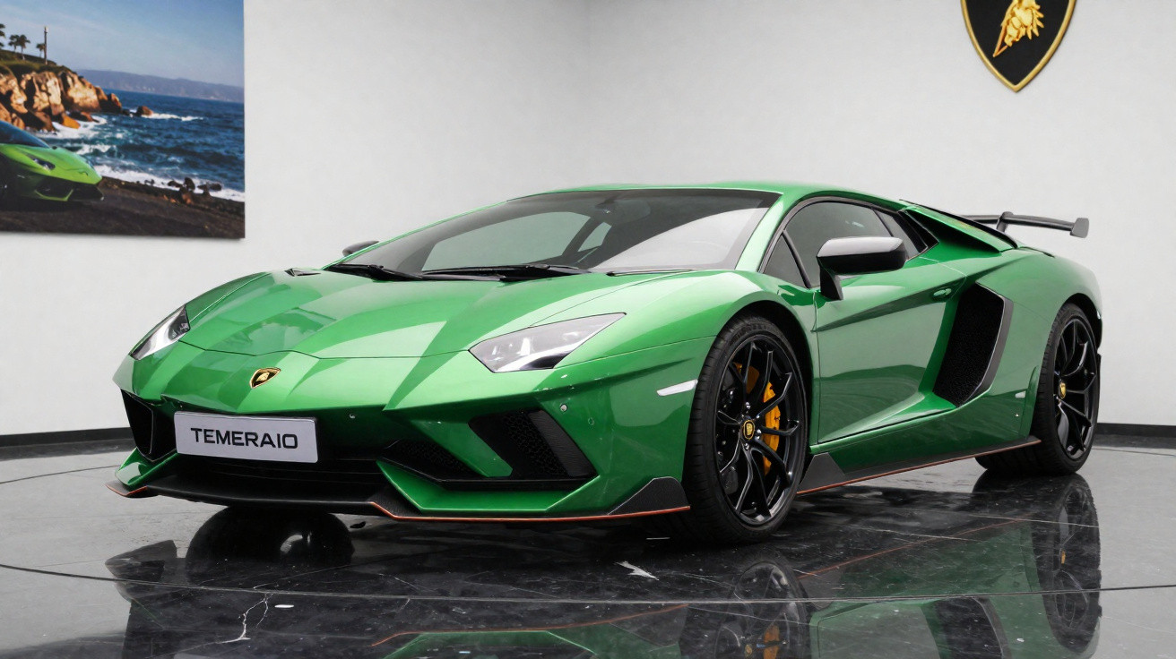 Carro esportivo Lamborghini verde com rodas pretas em showroom com parede branca e logo Lamborghini.