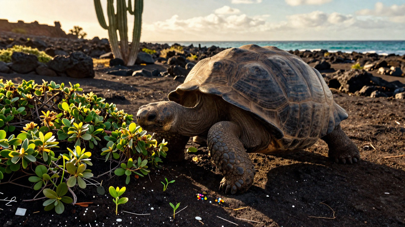 Tartaruga gigante caminhando em solo árido próximo a arbusto verde com cactos e mar ao fundo.