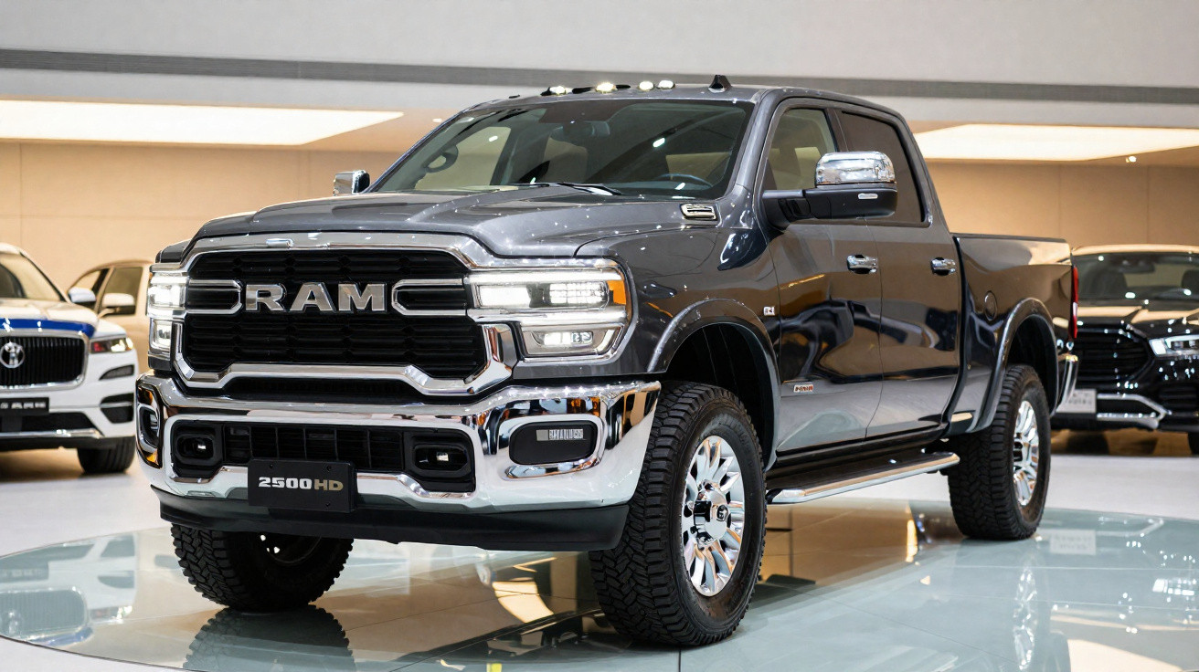 Picape prata RAM 2500 HD exibida em showroom moderno com iluminação interna.