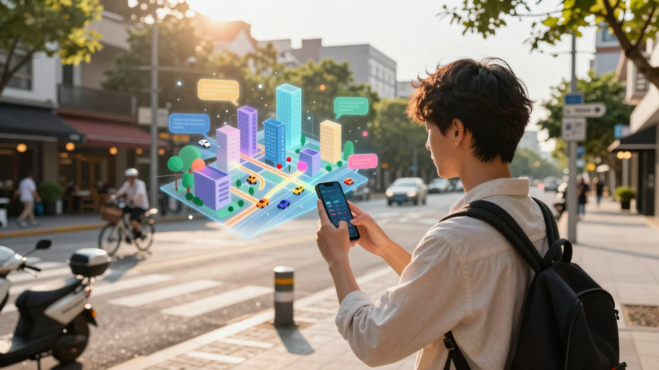 Jovem usando celular com holograma de cidade inteligente e trânsito sobreposto em rua urbana.