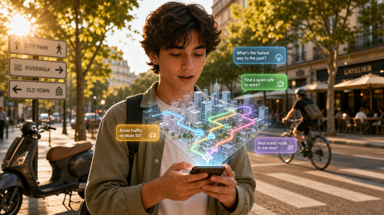 Jovem usa celular com holograma 3D de mapa urbano e rotas coloridas em rua ensolarada da cidade.
