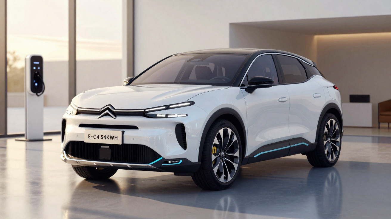 Carro elétrico branco Citroën E-C4 estacionado em ambiente interno moderno com carregador ao fundo.