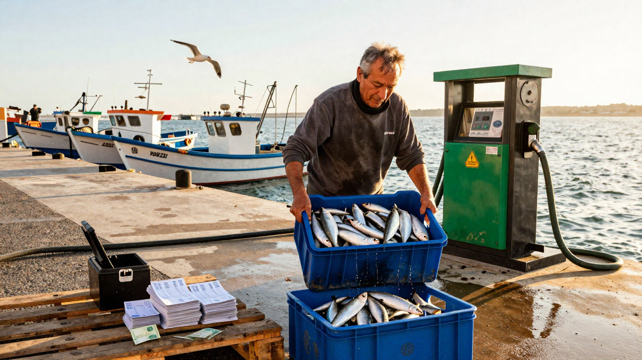 Pescador manuseando caixas azuis cheias de peixes em cais com barcos ao fundo e gaivota voando.