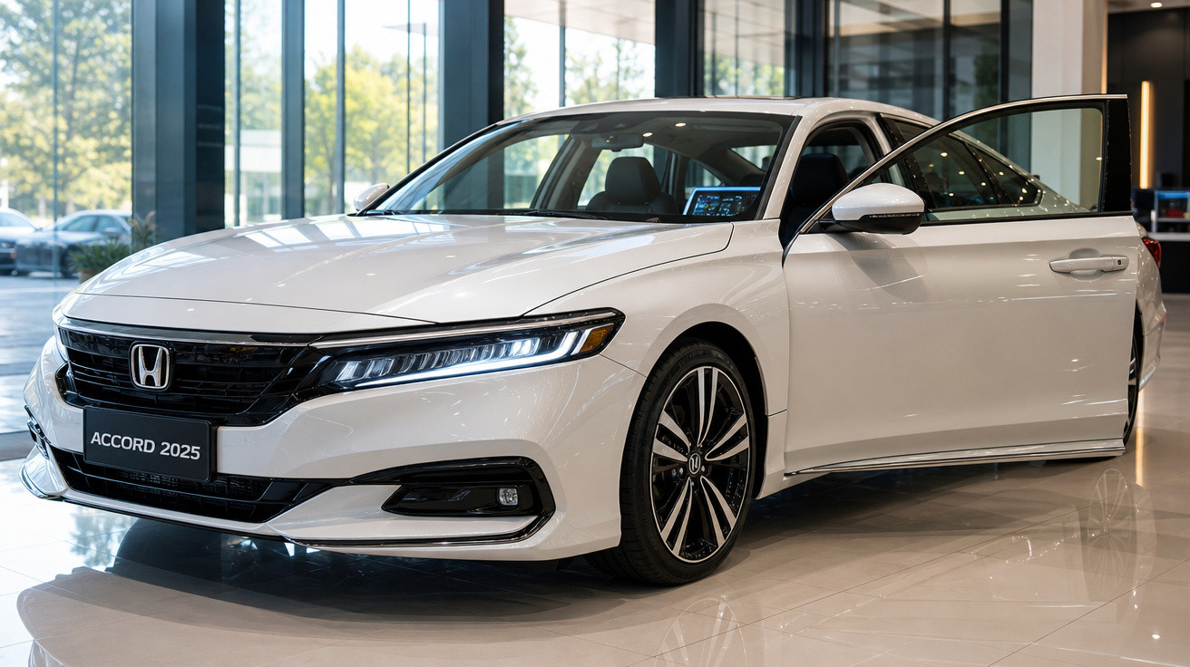 Carro Honda Accord 2025 branco com porta dianteira aberta em showroom iluminado.
