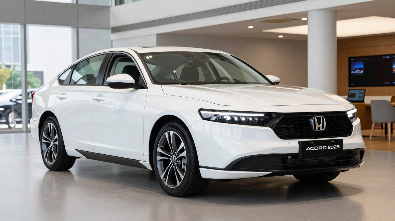 Carro branco Honda Accord 2025 em exposição dentro de showroom moderno com piso cinza.