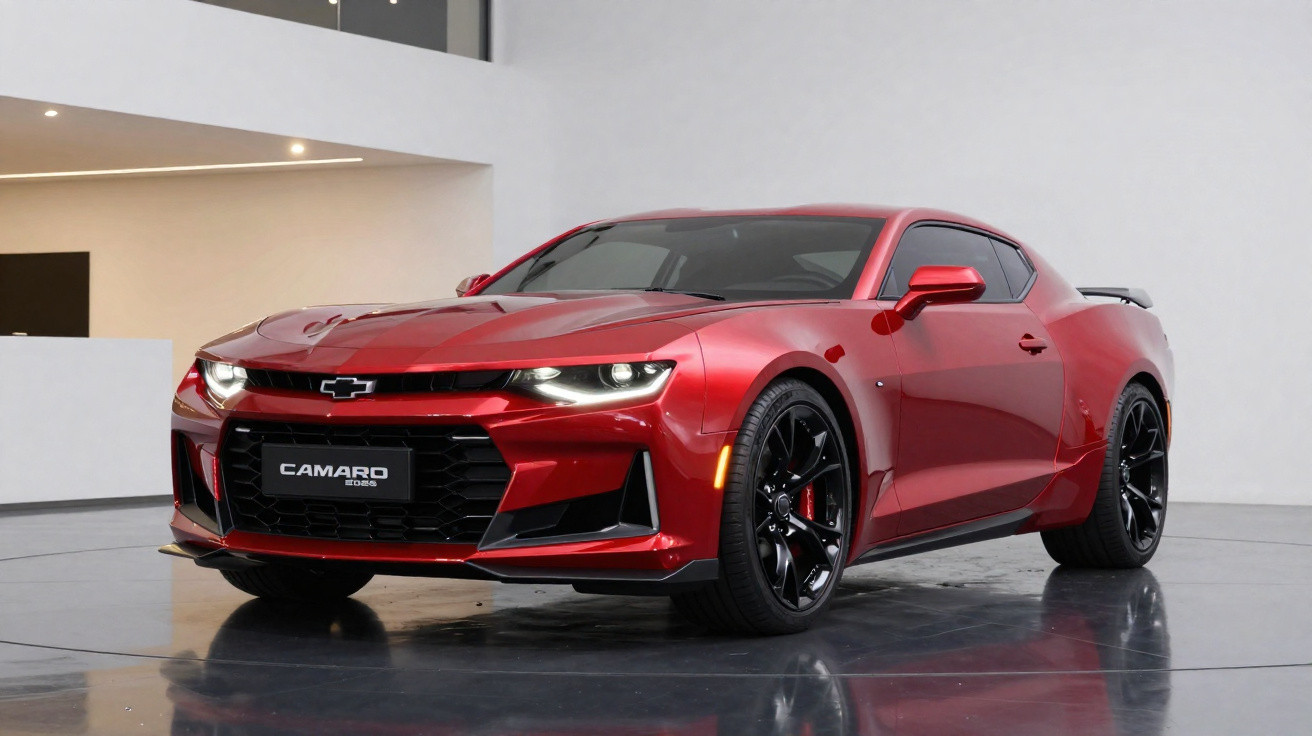 Carro esportivo Chevrolet Camaro vermelho estacionado em ambiente interno moderno e minimalista.