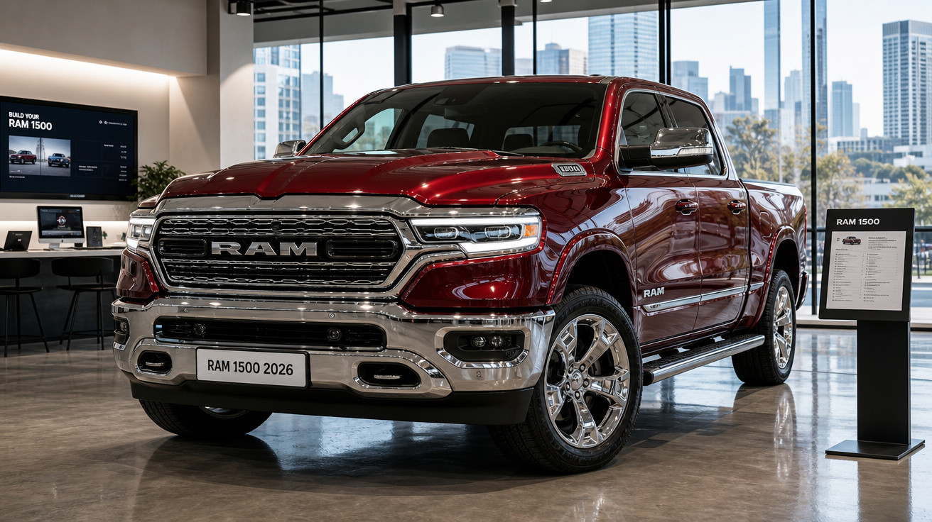 Picape RAM 1500 2026 vermelha em exposição dentro de showroom moderno com janelas grandes.