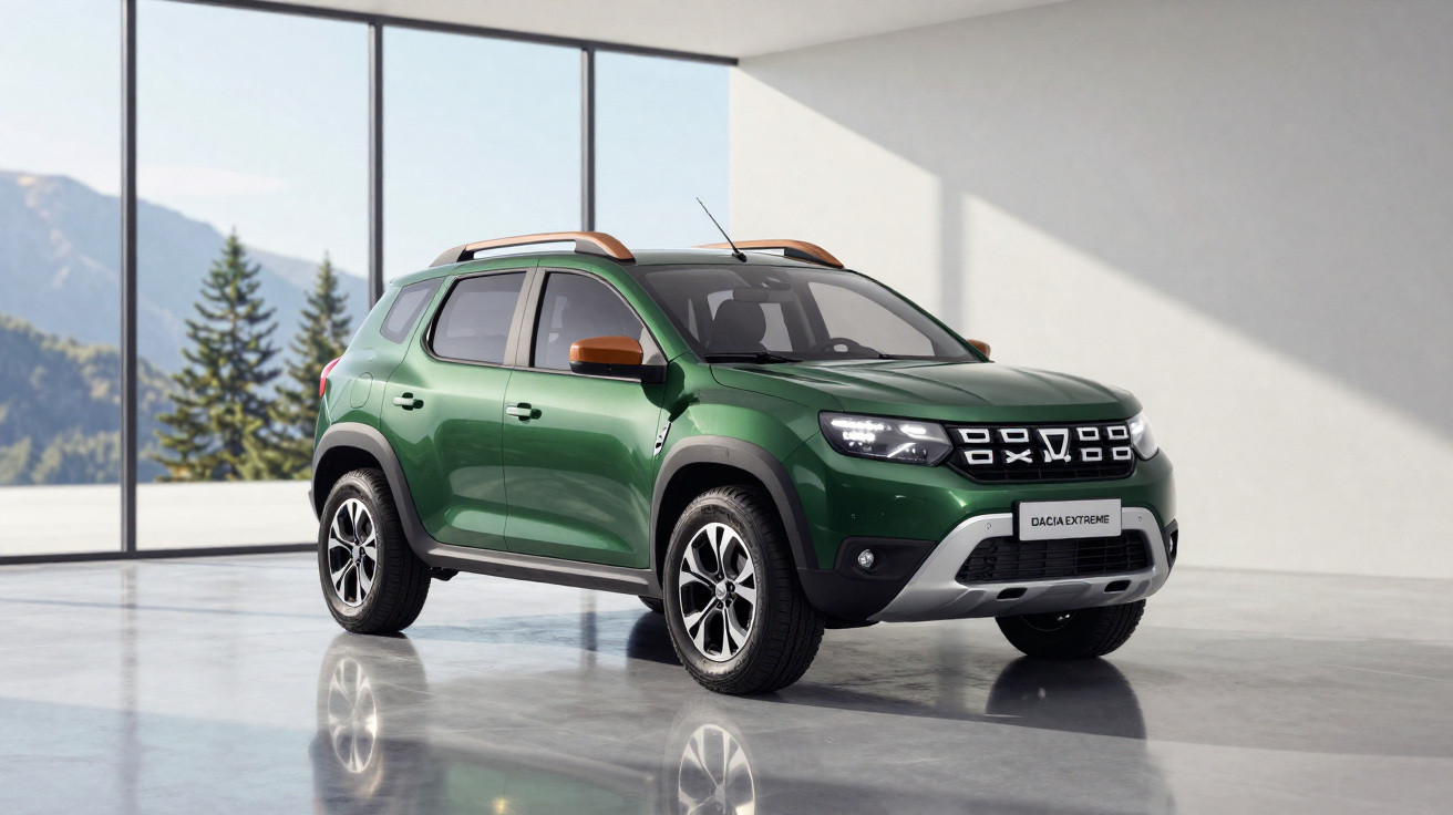 Carro SUV verde Dacia Extreme estacionado em ambiente moderno com grandes janelas e vista de montanhas.