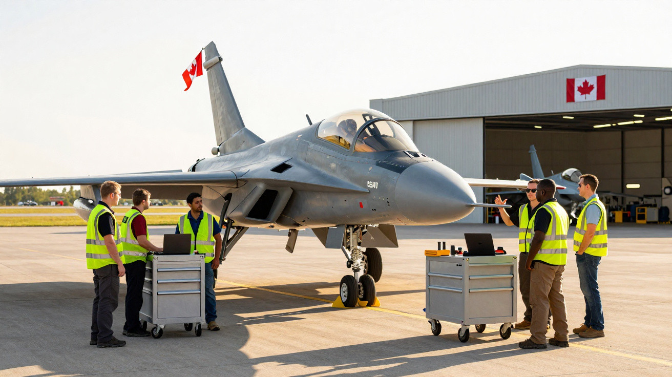 Equipe de técnicos com coletes de segurança inspecionando um caça cinza estacionado em hangar com bandeira do Canadá.