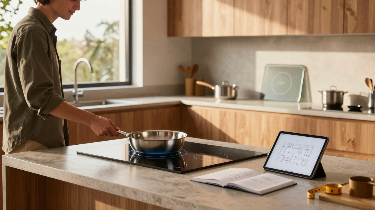 Pessoa cozinhando em fogão moderno com livro aberto e tablet em bancada de cozinha de madeira.