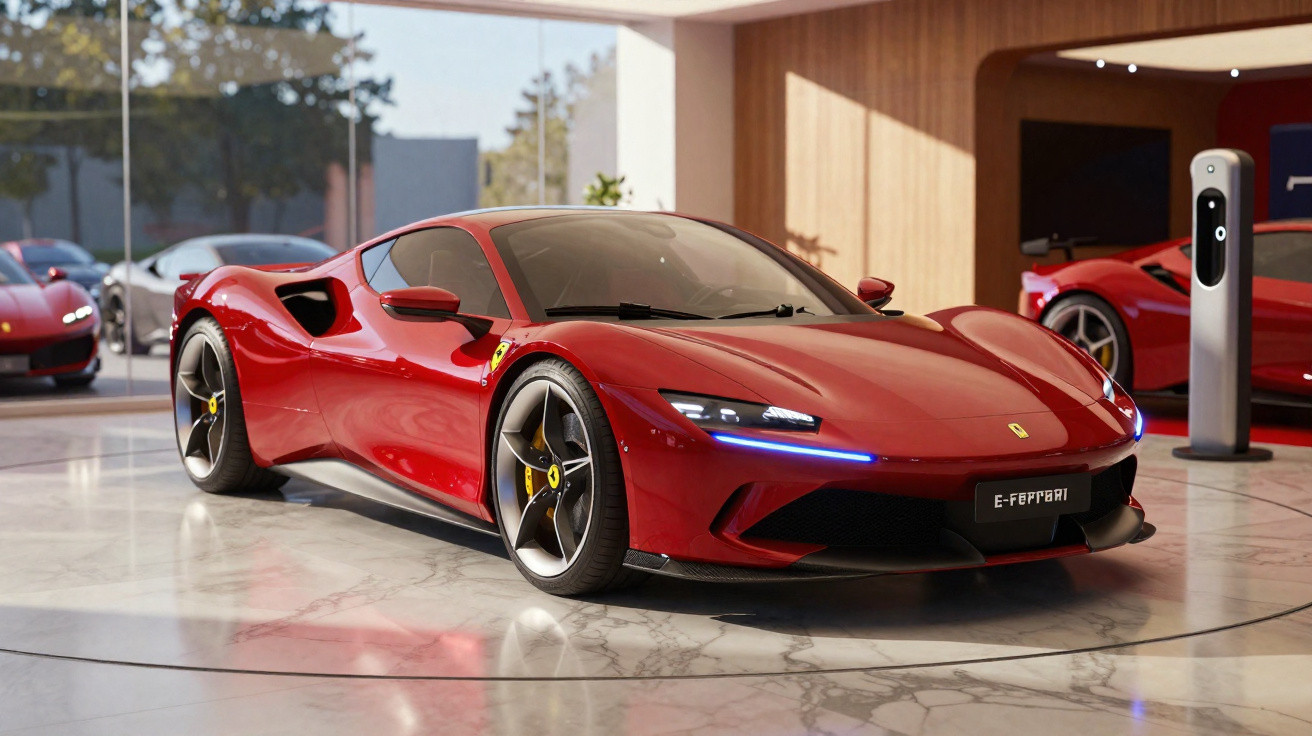 Carro esportivo vermelho Ferrari estacionado em showroom moderno com piso de mármore, luz natural e estação de carregamento.