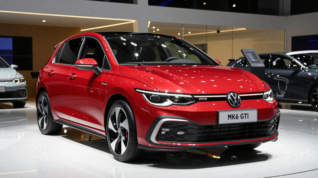 Carro esportivo vermelho Volkswagen MK6 GTI em exposição dentro de showroom moderno.