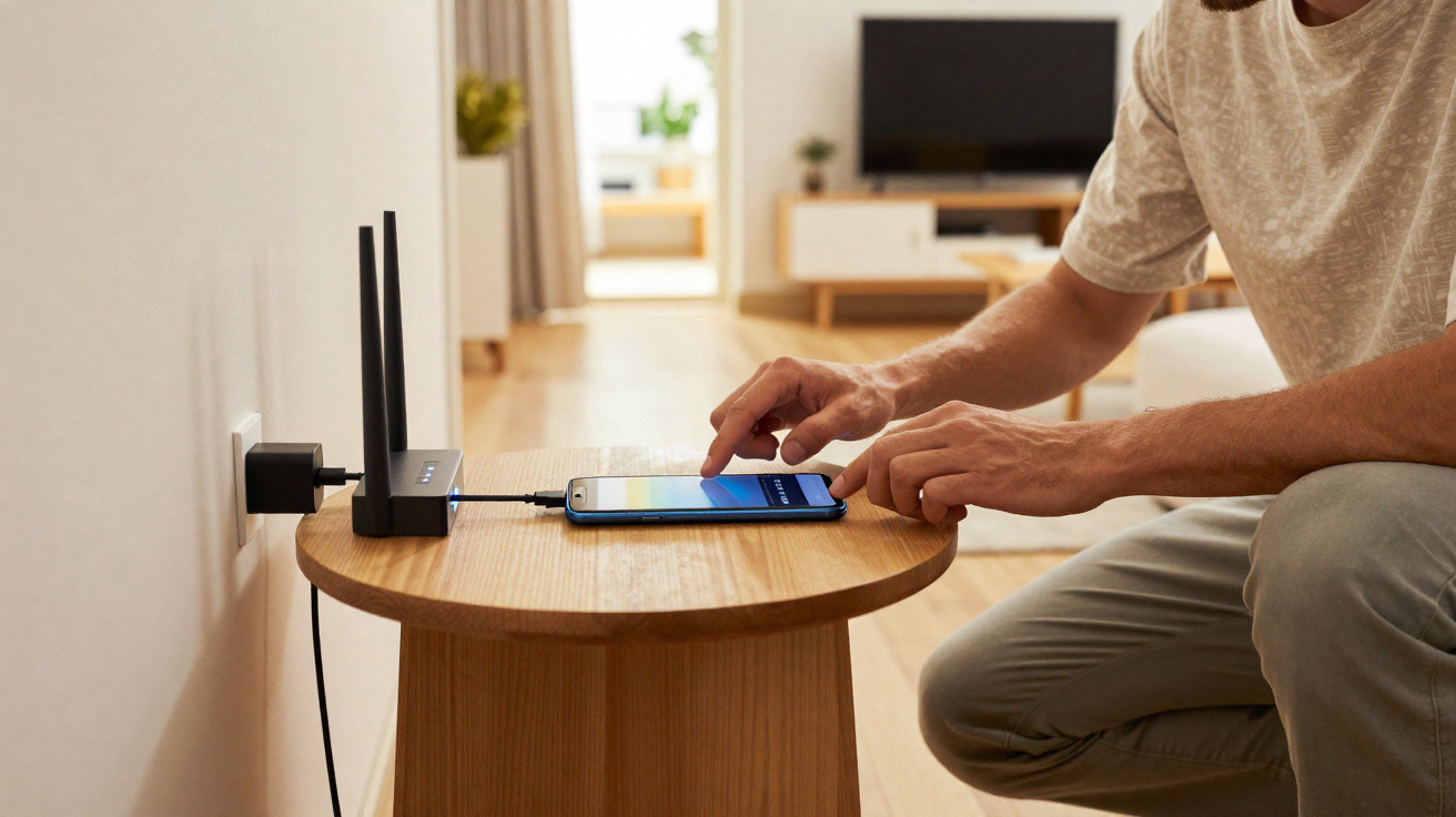 Pessoa usando smartphone próximo de roteador Wi-Fi em mesa de madeira em ambiente interno.