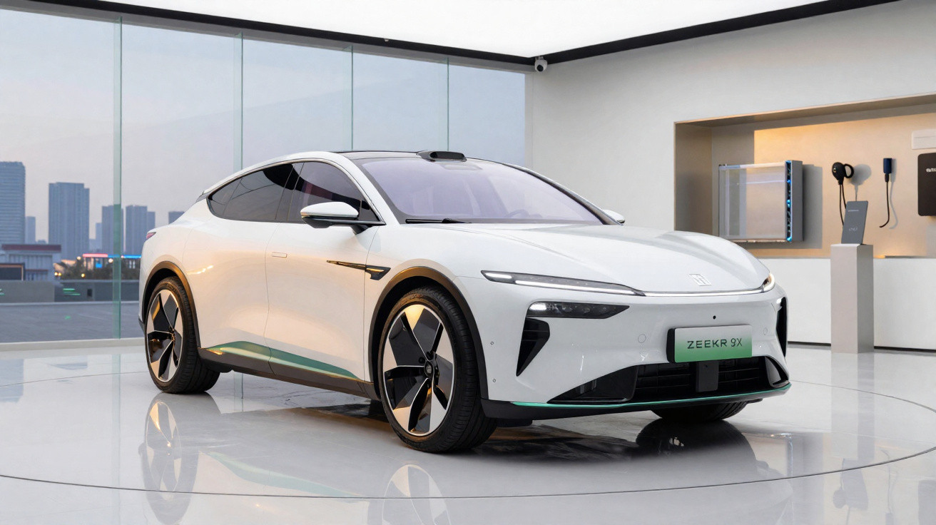 Carro elétrico branco Zeekr 9X exibido em showroom moderno com vista urbana ao fundo.
