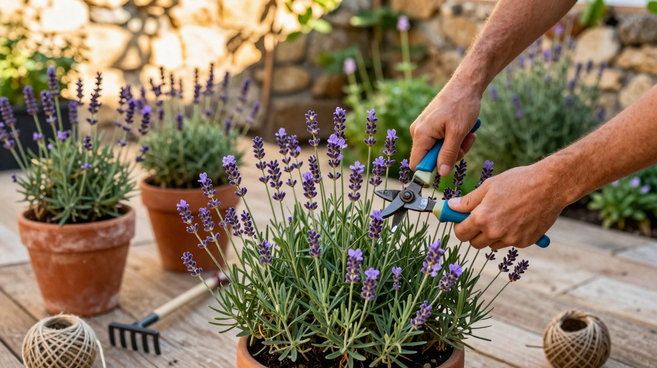 Pessoa podando flores de lavanda roxa em vasos de barro em varanda com ferramentas de jardinagem.