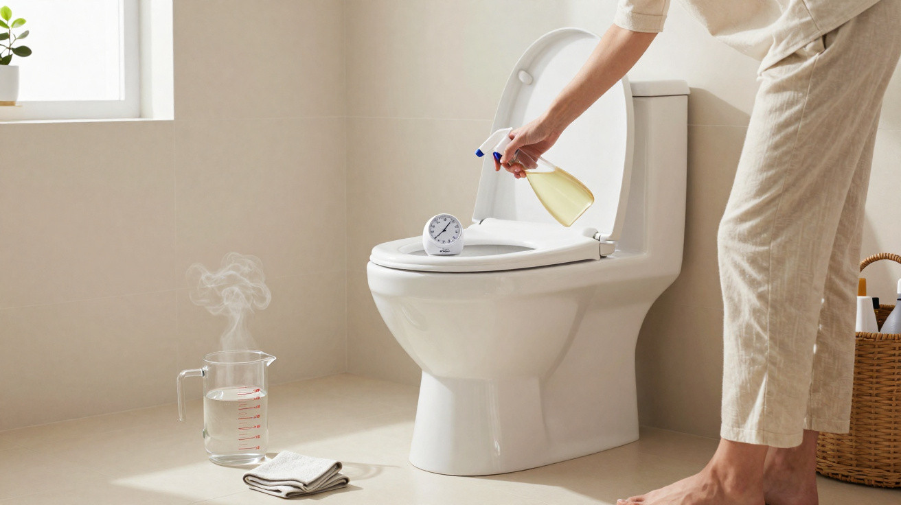 Pessoa borrifando desinfetante no vaso sanitário branco em banheiro com luz natural.