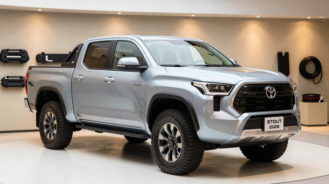 Picape Toyota Stout 2026 prata exibida em ambiente interno com iluminação suave.