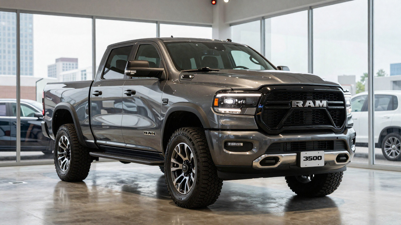 Picape RAM 3500 cinza exposta em showroom com piso de cimento e vidro ao fundo.