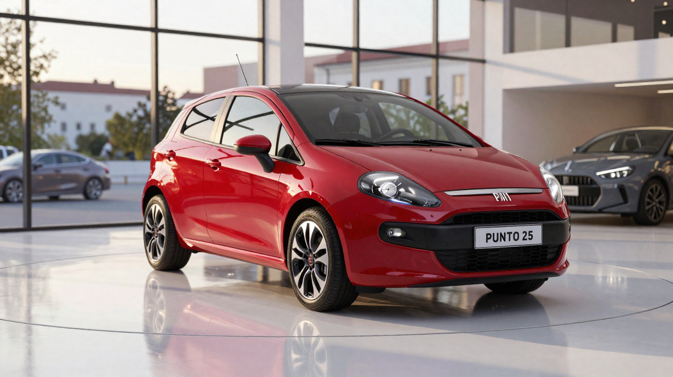 Carro Fiat Punto 25 vermelho exibido em showroom moderno com janelas amplas.