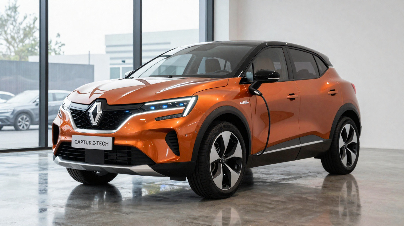 Carro SUV elétrico Renault Captur E-Tech na cor laranja em ambiente interno com piso refletivo.
