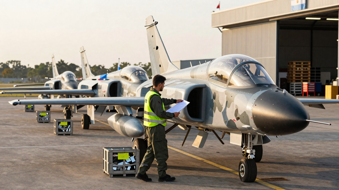 Piloto faz inspeção pré-voo em jatos militares alinhados na pista em frente a hangar.