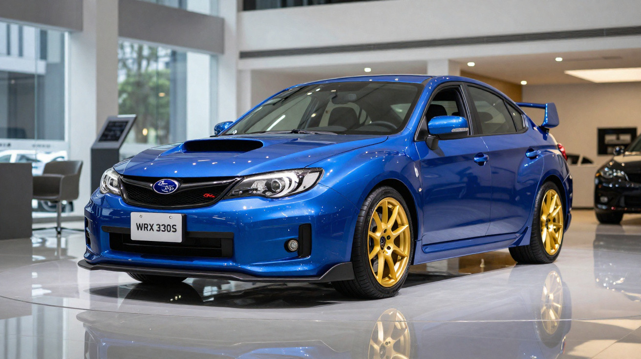 Carro esportivo Subaru WRX 330S azul com rodas douradas exposto em showroom moderno.