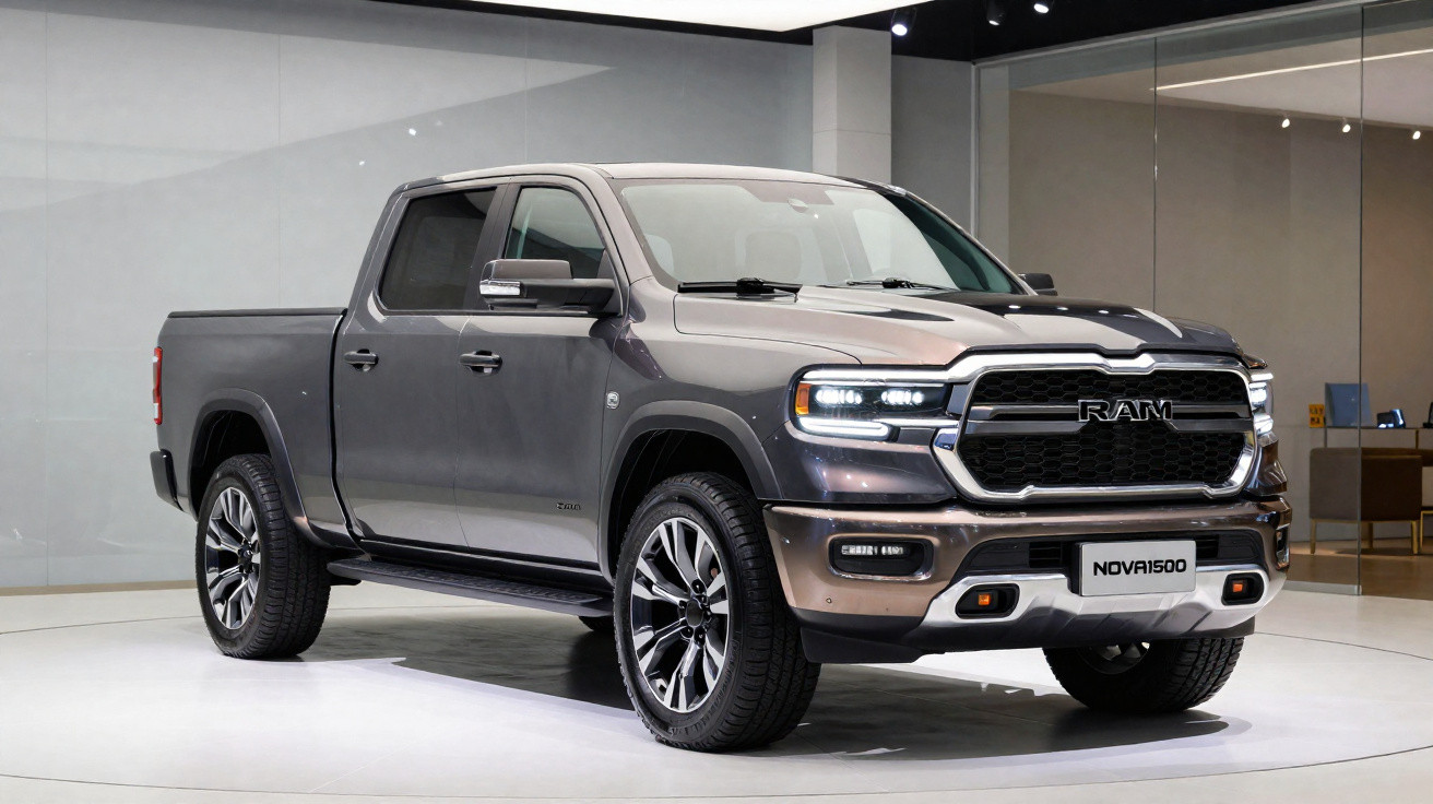 Picape RAM 1500 cinza exibida em ambiente interno com iluminação moderna.