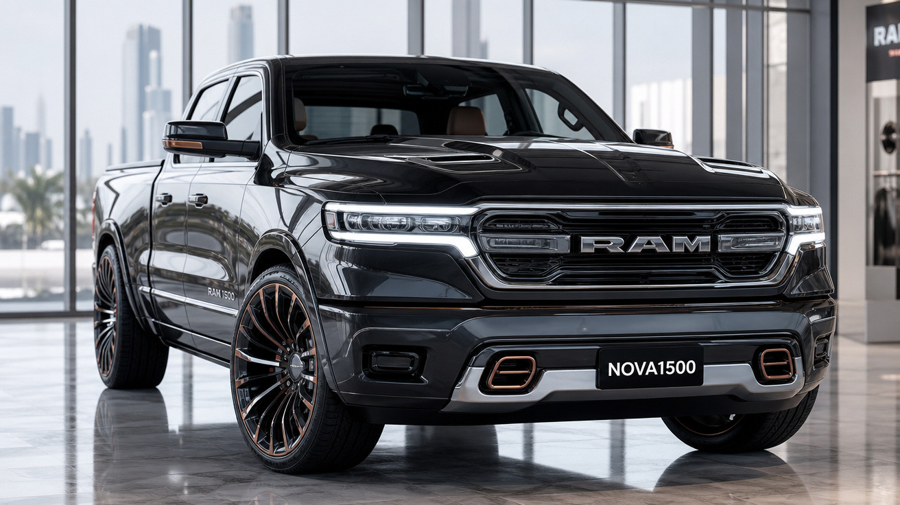 Picape preta RAM 1500 Nova 2023 em showroom moderno com rodas esportivas e detalhes em bronze.