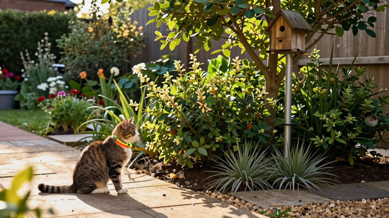 Gato sentado no jardim olhando para um comedouro de pássaros ao lado de plantas e flores.