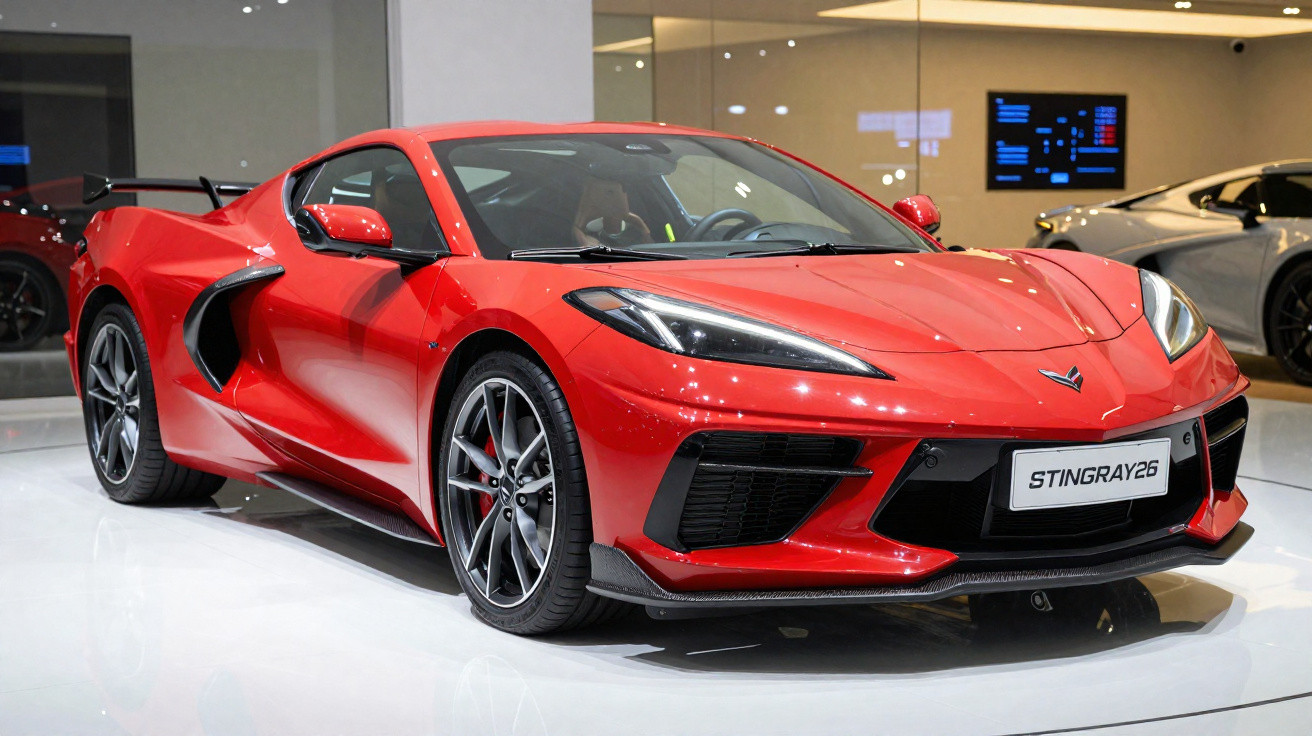 Carro esportivo vermelho Chevrolet Corvette Stingray 2026 em exposição interna moderna.