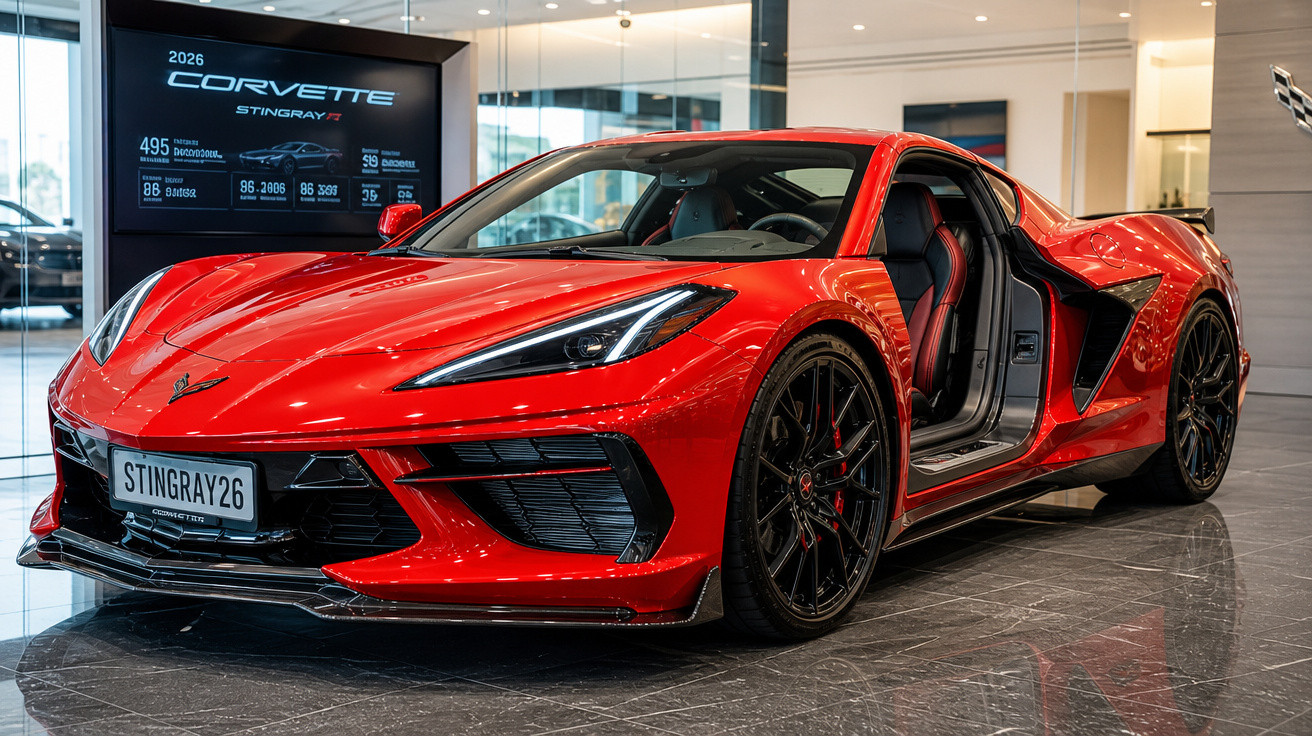 Carro esportivo vermelho Chevrolet Corvette 2026 com porta aberta em showroom moderno.