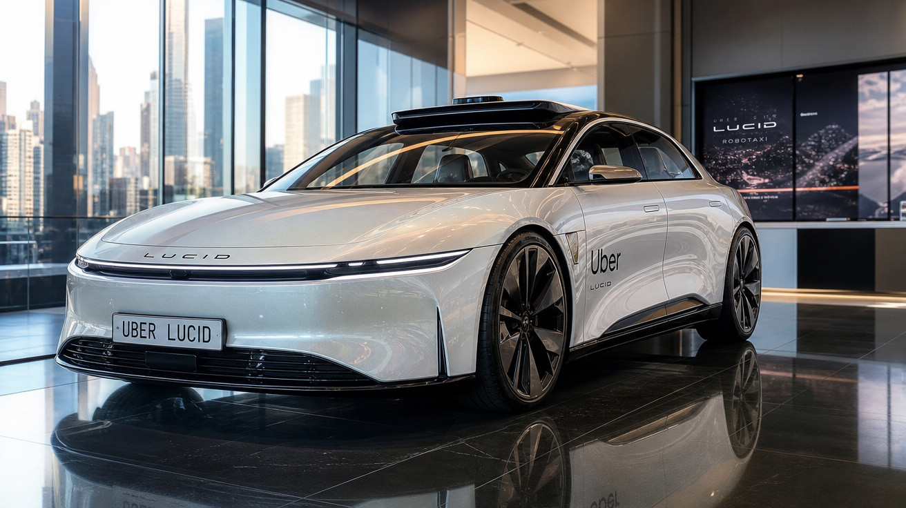 Carro elétrico Lucid Motors branco com logo Uber em ambiente interno moderno e vidros panorâmicos.